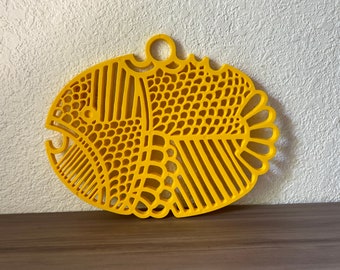 Mid Century Yellow Dansk Gourmet Mod Fish Trivet designed by Gunnar Cyren in the 1970s