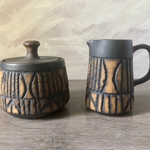 Vintage Studio Pottery carved Stoneware, Mid Century Modern Sugar and Creamer set