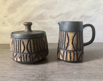 Vintage Studio Pottery carved Stoneware, Mid Century Modern Sugar and Creamer set