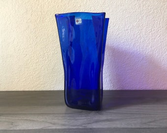 Blenko Cobalt Blue Glass 10” Paper Bag Vase by Don Shepherd