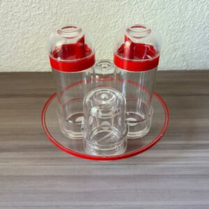 Vintage Red Guzzini, Italian designer red condiment set, 1970s, Ambrogio Pozzi for Guzzini CRUET Spice Rack image 2