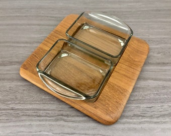 Vintage Mid Century Modern Digsmed 1960s Teak Wood Tray with 2 Glass Inserts