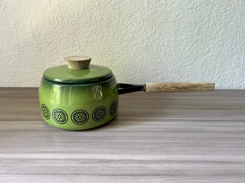 Vintage Finel Avacado Green Enamel Pans 1970s Raja Uosikkinen Design Cookware Enamelware Danish Mid Century Curvy Fondue Pot image 10