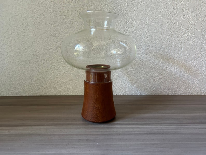 Dansk Teak Wood & Brass Hurricane Lamp Base Glass Globe Jens Quistgaard Design Vintage Danish Modern Candle Holder image 1