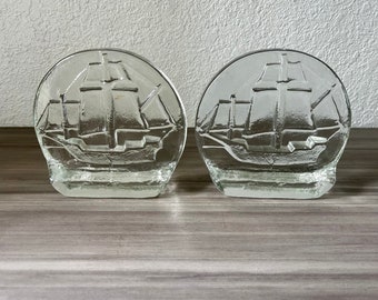 Vintage Mid Century Vintage Clear Ship Blenko Bookends