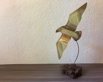 Vintage Mcm brass bird on a wood base, Brass Seagull Sculpture