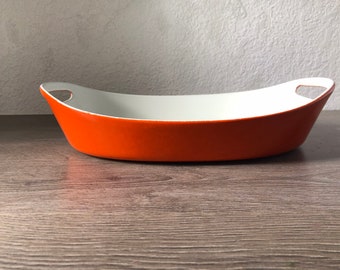 Vintage Orange Copco enameled cast iron Casserole dish by Michael Lax, MID Century Modern Enamelware