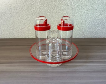 Vintage Red Guzzini, Italian designer red condiment set, 1970s, Ambrogio Pozzi for Guzzini CRUET Spice Rack