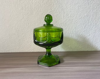 Viking Glass Epic Covered Candy Dish Ribbed Column Green MCM Art Glass Mid Century