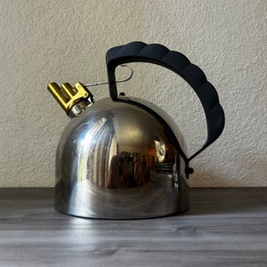 Vintage 1980's Richard Sapper Alessi 9091 Chrome, Brass, Copper Whistling Tea Pot, Kettle