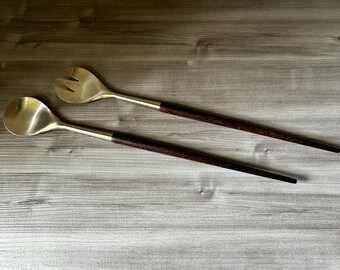 Midcentury Modern rosewood and stainless steel salad serving set, Selandia Danish Wood Handles, Mid-Century Danish Salad Server Set