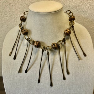 Vintage Brutalist Brass and wood  Fringe Collar/Choker Statement Bib Necklace, Modernist Jewelry, Metal fringe Bid Necklace