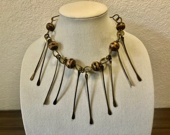 Vintage Brutalist Brass and wood  Fringe Collar/Choker Statement Bib Necklace, Modernist Jewelry, Metal fringe Bid Necklace