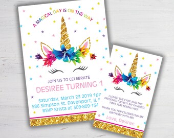 Unicorn Birthday Party Invitation and Free Thank you Card