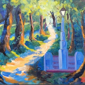 May include: An oil painting on canvas depicting a sunlit forest path with thick, visible brushstrokes. A tall, blue, stylized lamp post stands on the right side, illuminating a winding yellow trail surrounded by dark blue and green trees.