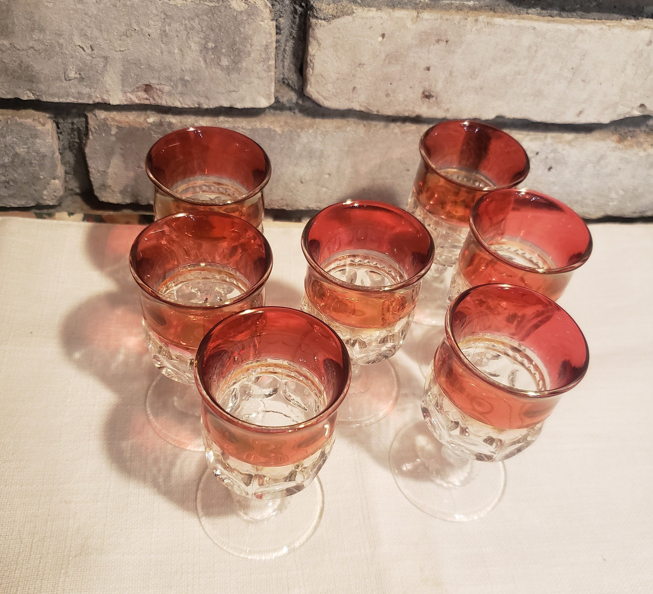 Set of Seven 7 Vintage Cranberry Glass Cordial Glasses Etsy