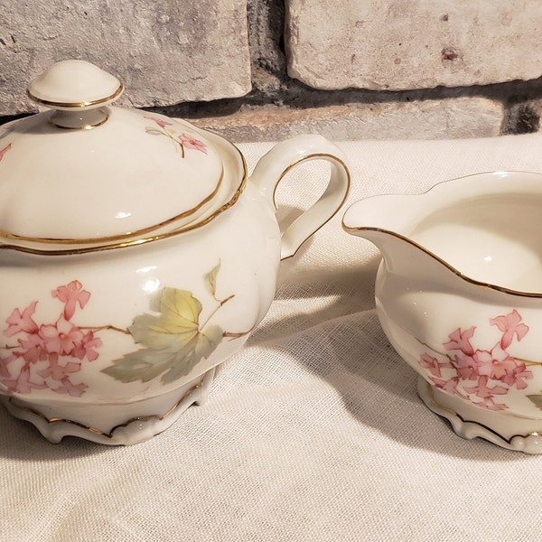 Lovely Set of Vintage Hutschenreuther Gelb Germany pink and green  floral sugar bowl and matching creamer with gold trim, 1940's