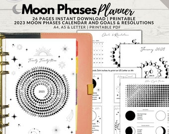 Moon Phases Calendar, Goals and Resolutions, Printable Planner, Planner Insert, 2023 Planner, Lunar Calendar, Monthly Planner, Moon Mapping