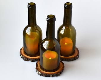 Oak Wood Coaster Base with a Smoothly Cut Wine Bottle, Wine Bottle Candle with Base