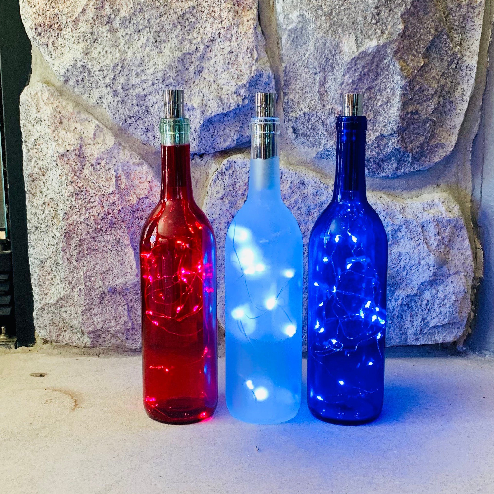 Red White and Blue Wine Bottles With Fairy Lights Powered From Etsy