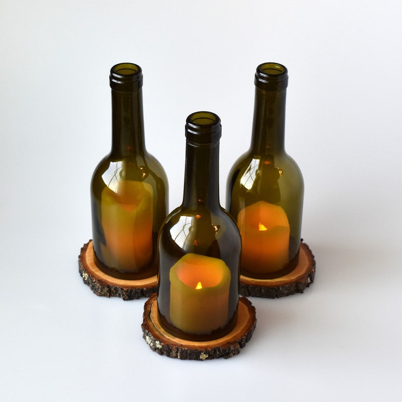 Oak Wood Coaster Base with a Smoothly Cut Wine Bottle, Wine Bottle Candle with Base image 1