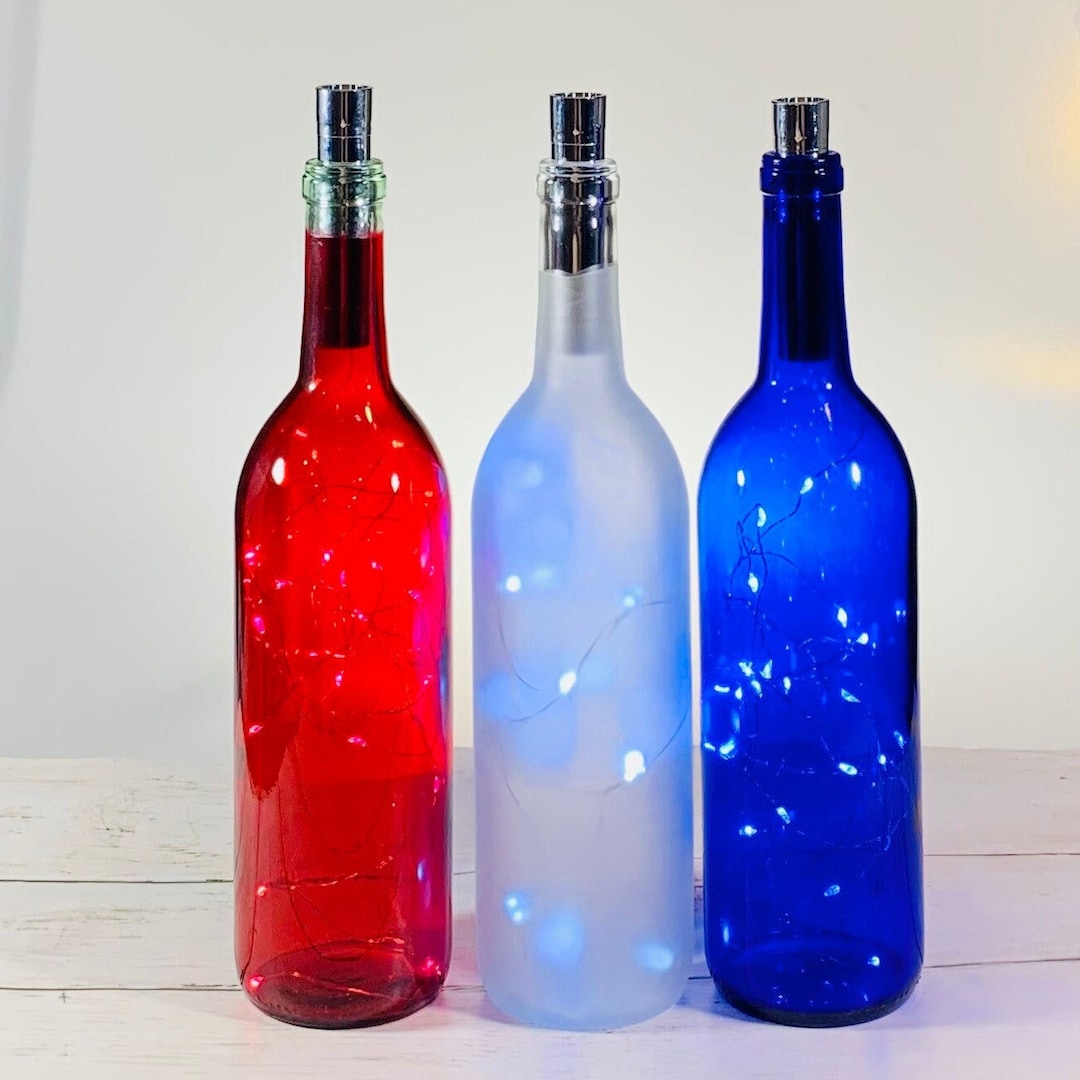 Red White and Blue Wine Bottles With Fairy Lights Powered From Cork