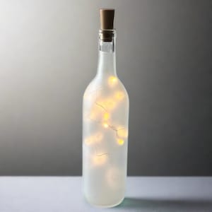 Frosted Wine Bottle With Fairy Lights Powered from Cork, Frosted Wine Bottle Decor White Lights, Wine Bottle Crafts & Centerpieces