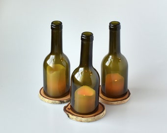 Birch Wood Coaster Base with a Smoothly Cut Wine Bottle, Wine Bottle Candle Holder with Base
