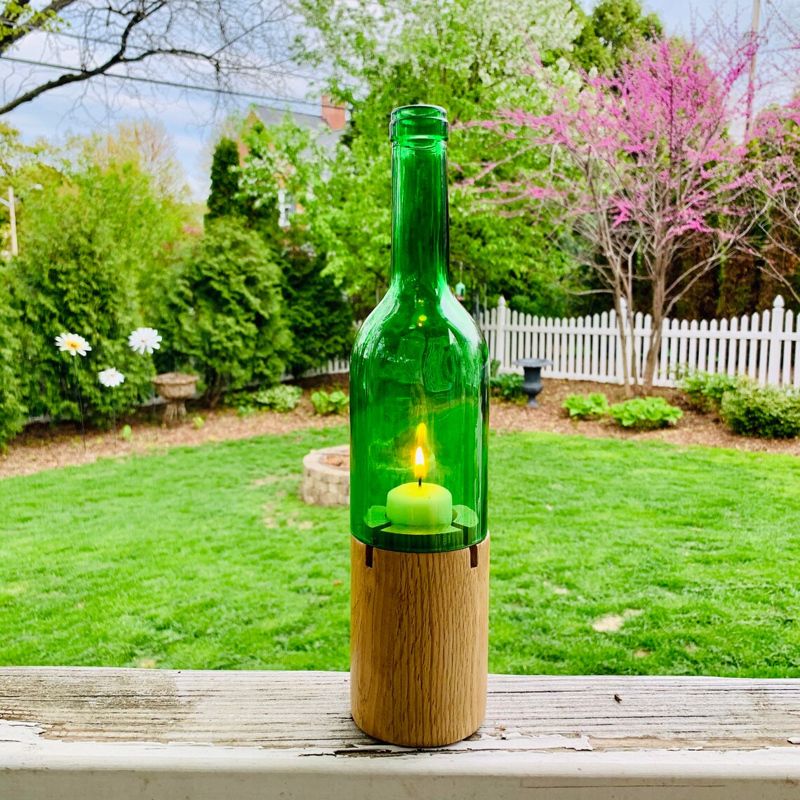 Cut Wine Bottle Candle Holder with Wooden Base Wedding or Etsy
