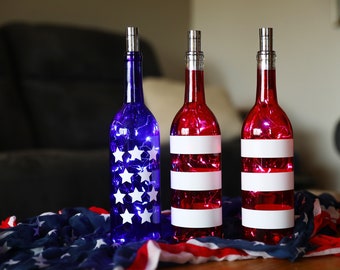 Patriotic Wine Bottles With or Without Fairy Lights Powered from Cork, Wine Bottle Decor, Patriotic Decor