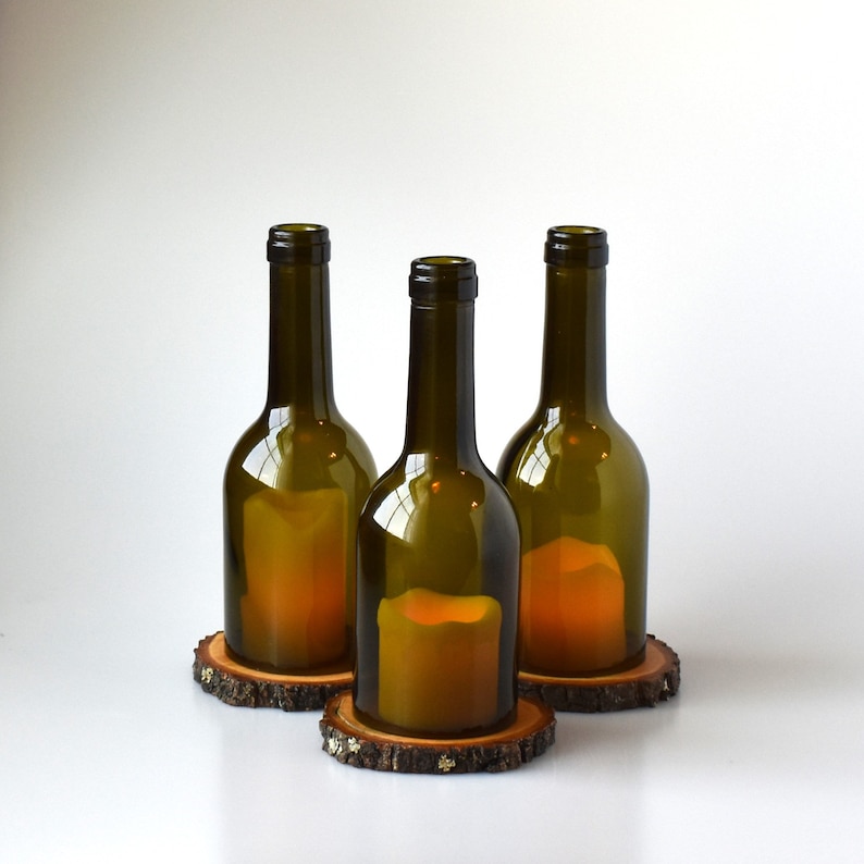 Oak Wood Coaster Base with a Smoothly Cut Wine Bottle, Wine Bottle Candle with Base image 2