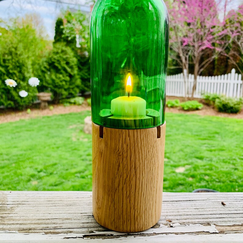 Cut Wine Bottle Candle Holder with Wooden Base Wedding or Etsy