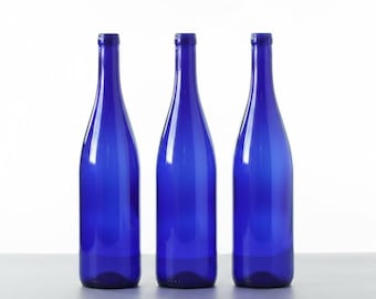 Set of 3 Blue Burgundy Glass Bottles, Garden Decor, Craft Bottle Tree Supplies