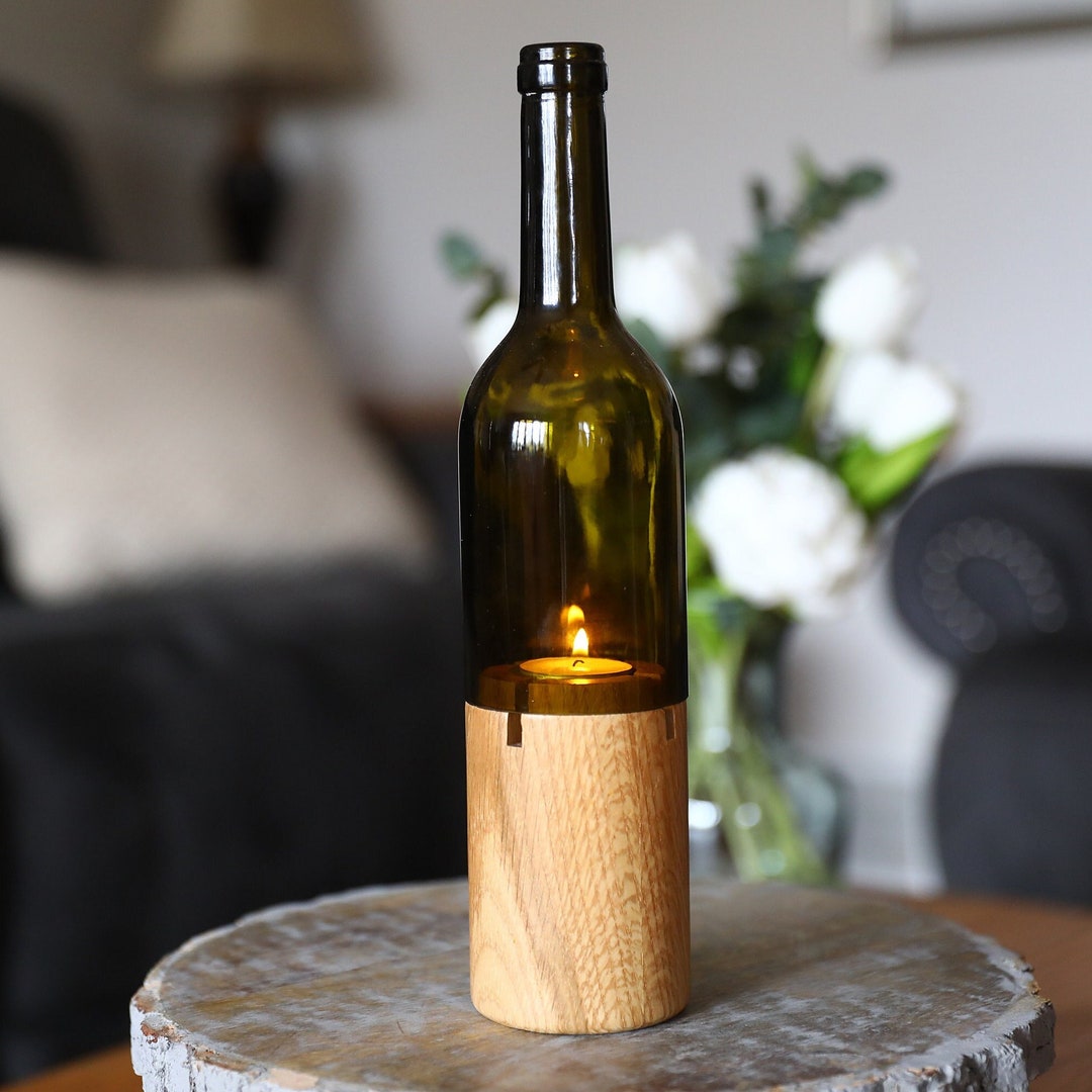 Cut Wine Bottle Candle Holder With Wooden Base, Wedding or Event
