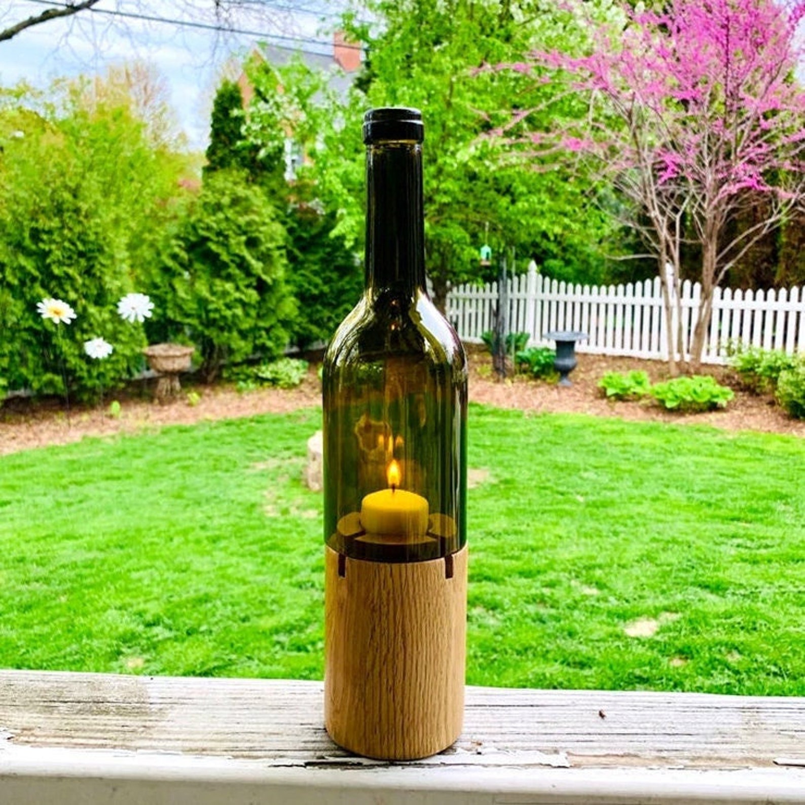 Cut Wine Bottle Candle Holder With Wooden Base Wedding or Etsy