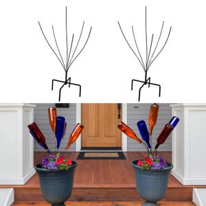 Set of 2 Metal Bottle Trees, Holds 6 Glass Bottles Each, Outdoor Yard Decor, Unique Gift Gardeners, Fits Planters or Garden Beds, Yard Art