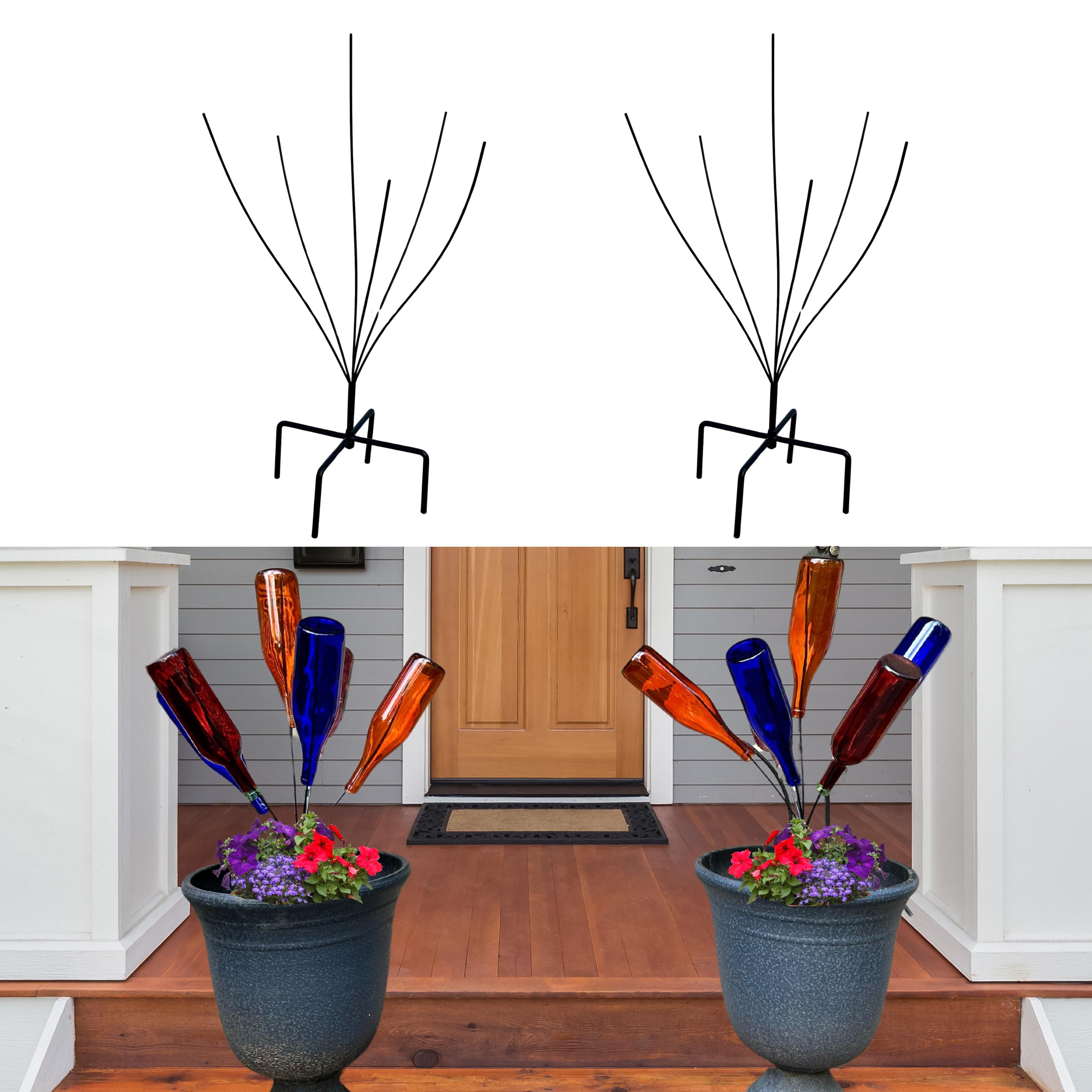 Set of 2 Metal Bottle Trees, Holds 6 Glass Bottles Each, Outdoor Yard Decor, Unique Gift Gardeners, Fits Planters or Garden Beds, Yard Art