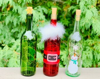 Holiday Wine Bottle Decorations with Lights - Santa, Snowman, Christmas Tree, Wine Bottle Decor, Wine Bottle Crafts, Holiday Decorations