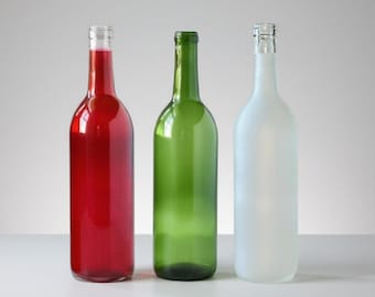Set 3 Frosted Red Green Glass Wine Bottles, Bottle Tree Yard Art, DIY Crafts
