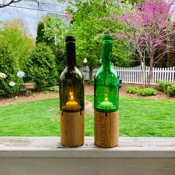Cut Wine Bottle Candle Holder with Wooden Base Wedding or Etsy