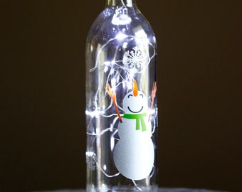 Snowman Wine Bottle Decoration with Lights, Winter Snowman Wine Bottle Decor, Wine Bottle Crafts, Holiday Decorations