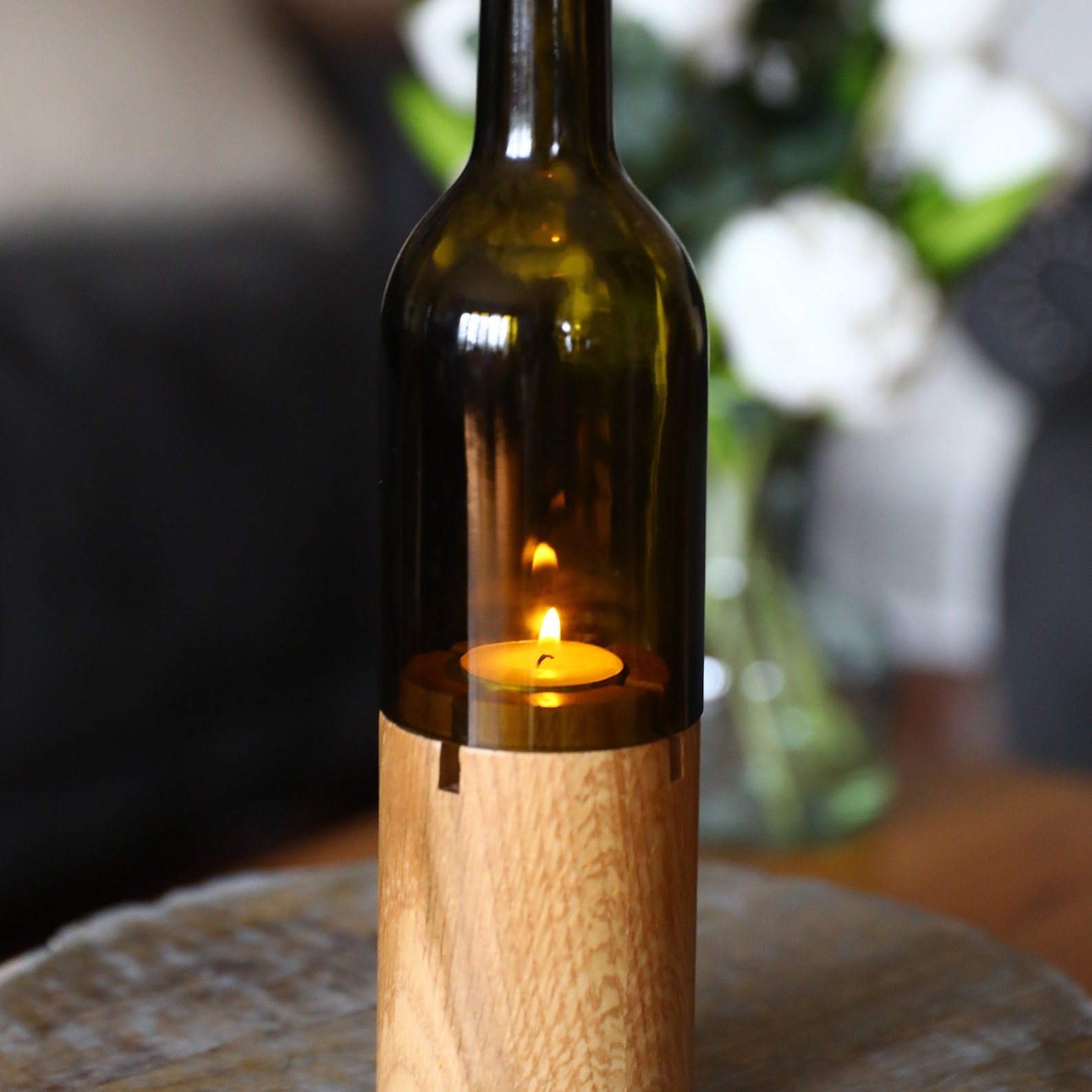 Cut Wine Bottle Candle Holder With Wooden Base Wedding or Etsy