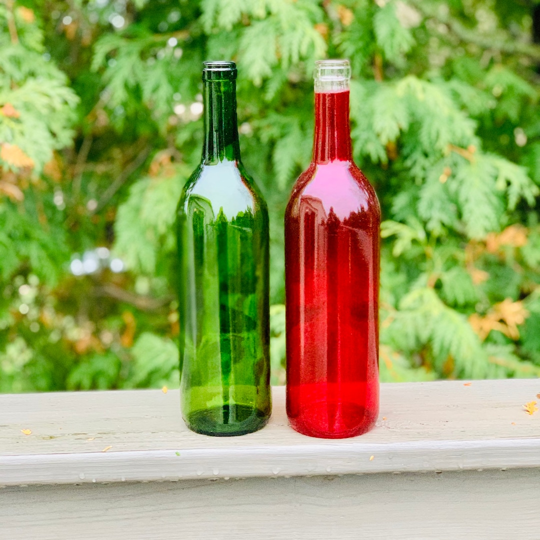 Empty Vibrant Red and Green Wine Bottles, Red Green Wine Bottle Crafts