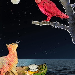 May include: An artistic illustration shows a night scene with a red owl on a tree branch, looking at a cat in a small green boat. A full moon and stars fill the dark sky. A jar of honey and a honey dipper are in the boat.