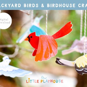 May include: Colorful paper bird decorations hanging from strings. The birds are red, blue, yellow, and white, with detailed wing designs. The text "BACKYARD BIRDS & BIRDHOUSE CRAFT" is at the top, with "Digital Download" in a white circle.
