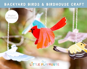 May include: Colorful paper bird decorations hanging from strings. The birds are red, blue, yellow, and white, with detailed wing designs. The text "BACKYARD BIRDS & BIRDHOUSE CRAFT" is at the top, with "Digital Download" in a white circle.