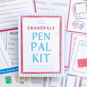 May include: A "Grandpals Pen Pal Kit" with a red and blue striped border, surrounded by stationery. The kit's cover features the text "GRANDPALS PEN PAL KIT" in blue and red. Other stationery includes fill-in-the-blank prompts.
