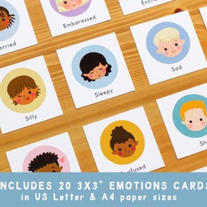May include: A collection of emotion flashcards with cartoon faces, each depicting a different feeling like "Worried," "Silly," and "Sleepy." The cards are 3x3 inches and include the text "INCLUDES 20 3X3" EMOTIONS CARDS in US Letter & A4 paper sizes."