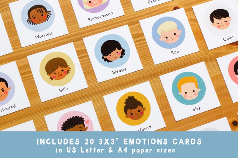 May include: A collection of emotion flashcards with cartoon faces, each depicting a different feeling like "Worried," "Silly," and "Sleepy." The cards are 3x3 inches and include the text "INCLUDES 20 3X3" EMOTIONS CARDS in US Letter & A4 paper sizes."