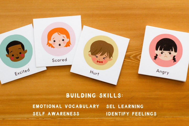 May include: Four square cards with illustrations of children's faces expressing emotions: excited, scared, hurt, and angry. The cards are labeled with the corresponding emotion. Text at the bottom reads: BUILDING SKILLS: EMOTIONAL VOCABULARY, SEL LEARNING, SELF AWARENESS, IDENTIFY FEELINGS.